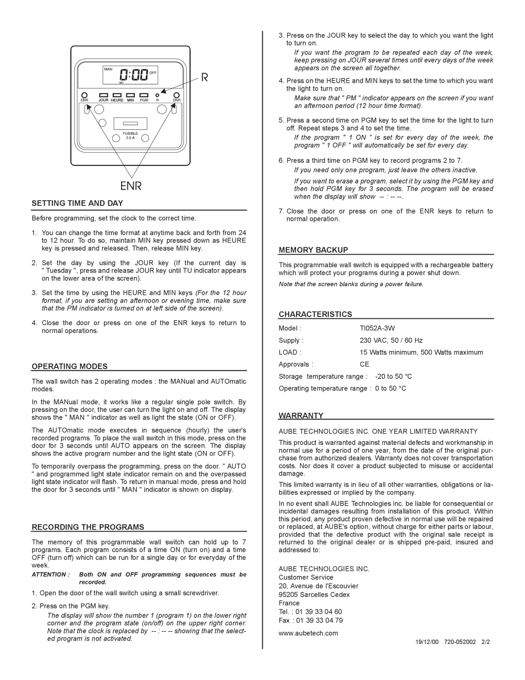 Aube Technologies TI052A-3W Setting Time and DAY, Operating Modes, Recording the Programs, Memory Backup, Characteristics 