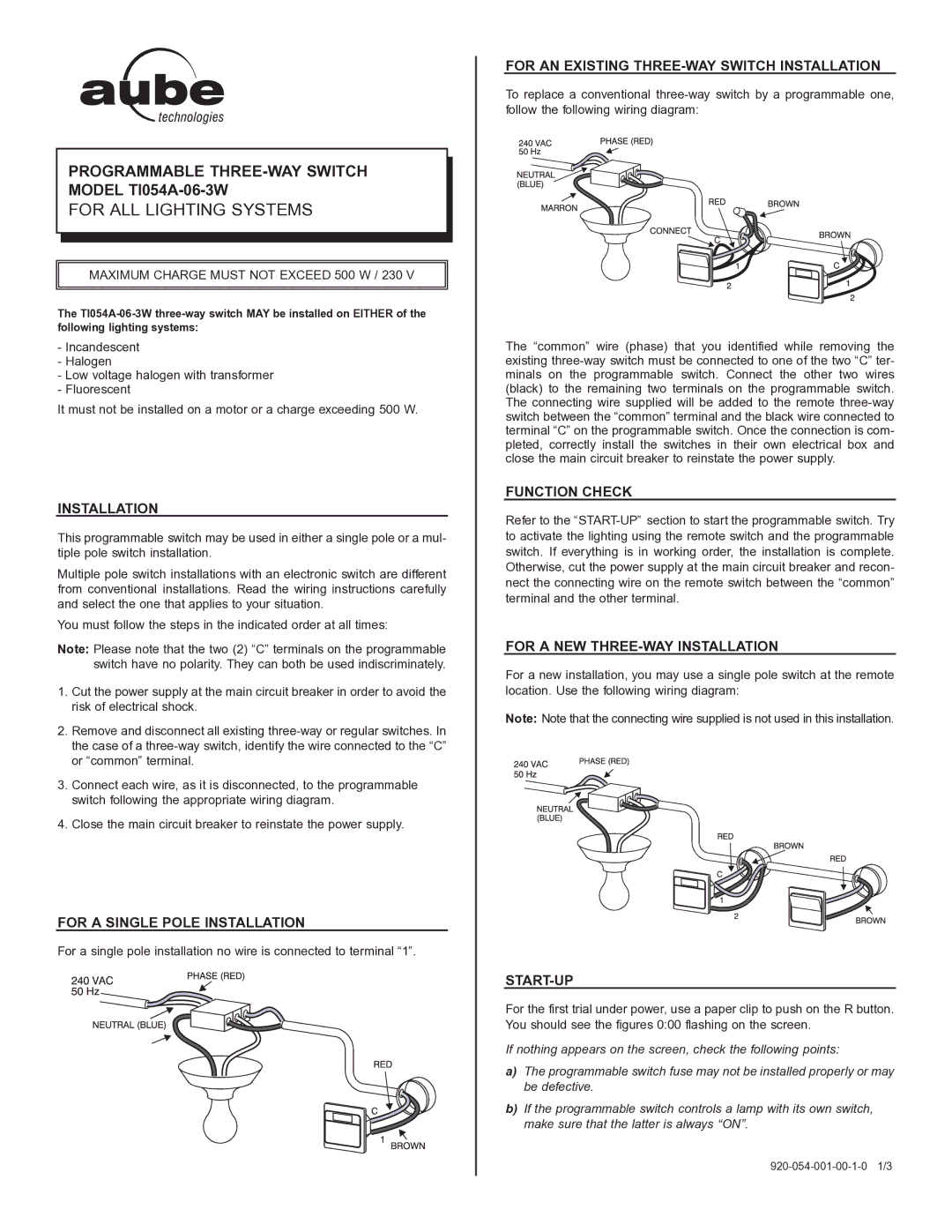 Aube Technologies TI054A-06-3W manual For a Single Pole Installation, For AN Existing THREE-WAY Switch Installation 