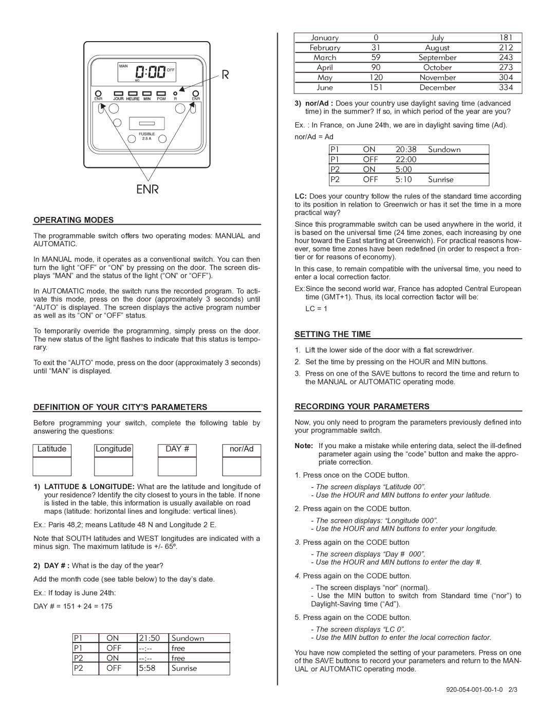 Aube Technologies TI054A-06-3W manual Operating Modes, Definition of Your CITY’S Parameters, Setting the Time 