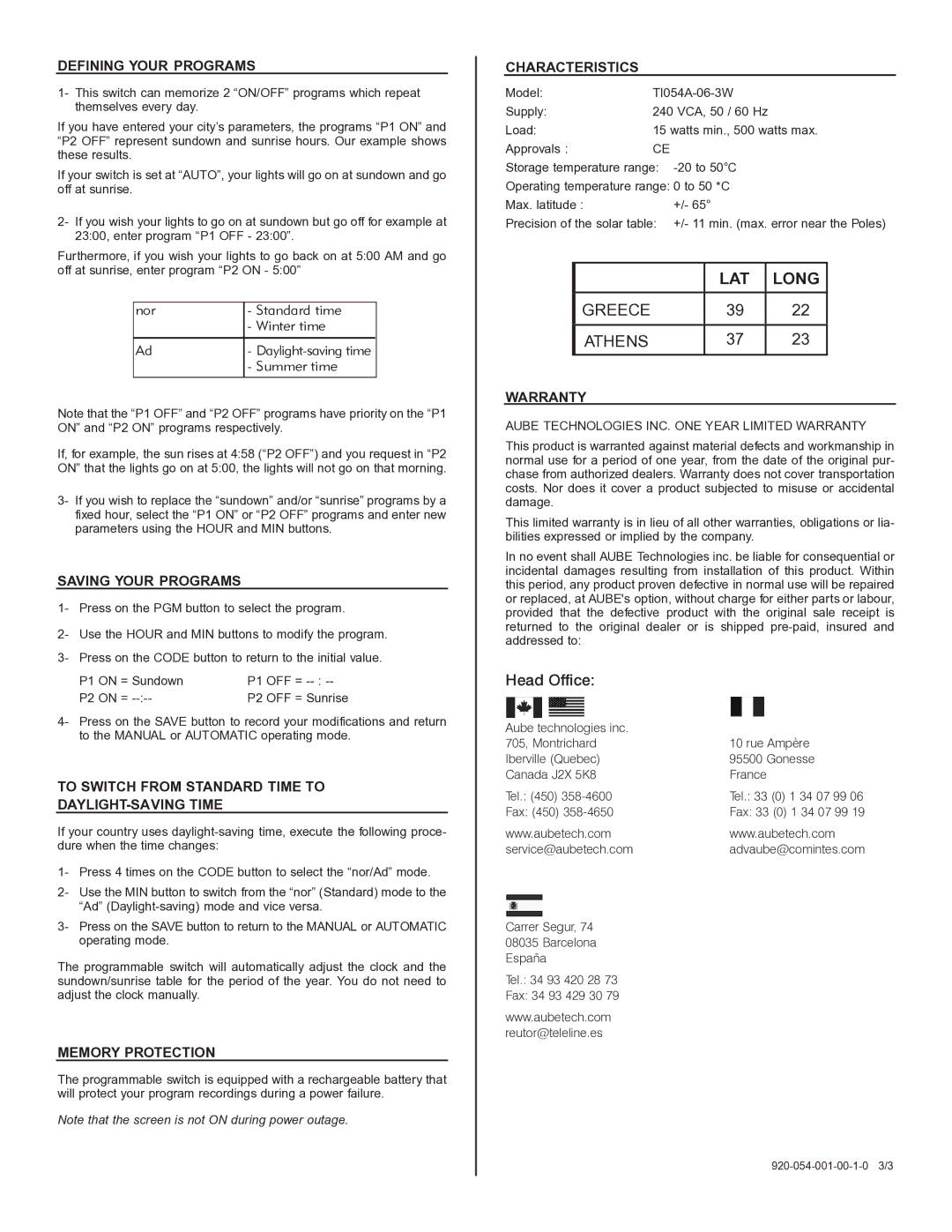 Aube Technologies TI054A-06-3W Defining Your Programs, Saving Your Programs, Memory Protection, Characteristics, Warranty 