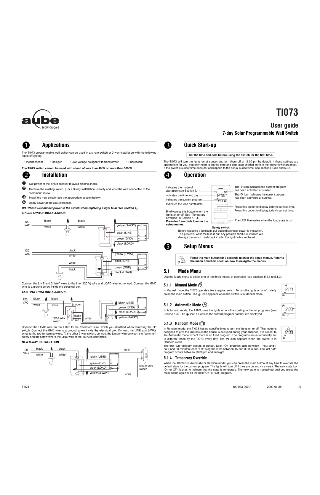 Aube Technologies TI073 quick start Applications, Installation, Quick Start-up, Operation, Setup Menus 