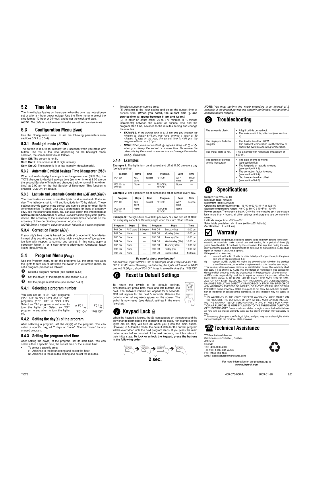 Aube Technologies TI073 quick start Reset to Default Settings, Keypad Lock, Troubleshooting, Specifications, Warranty 