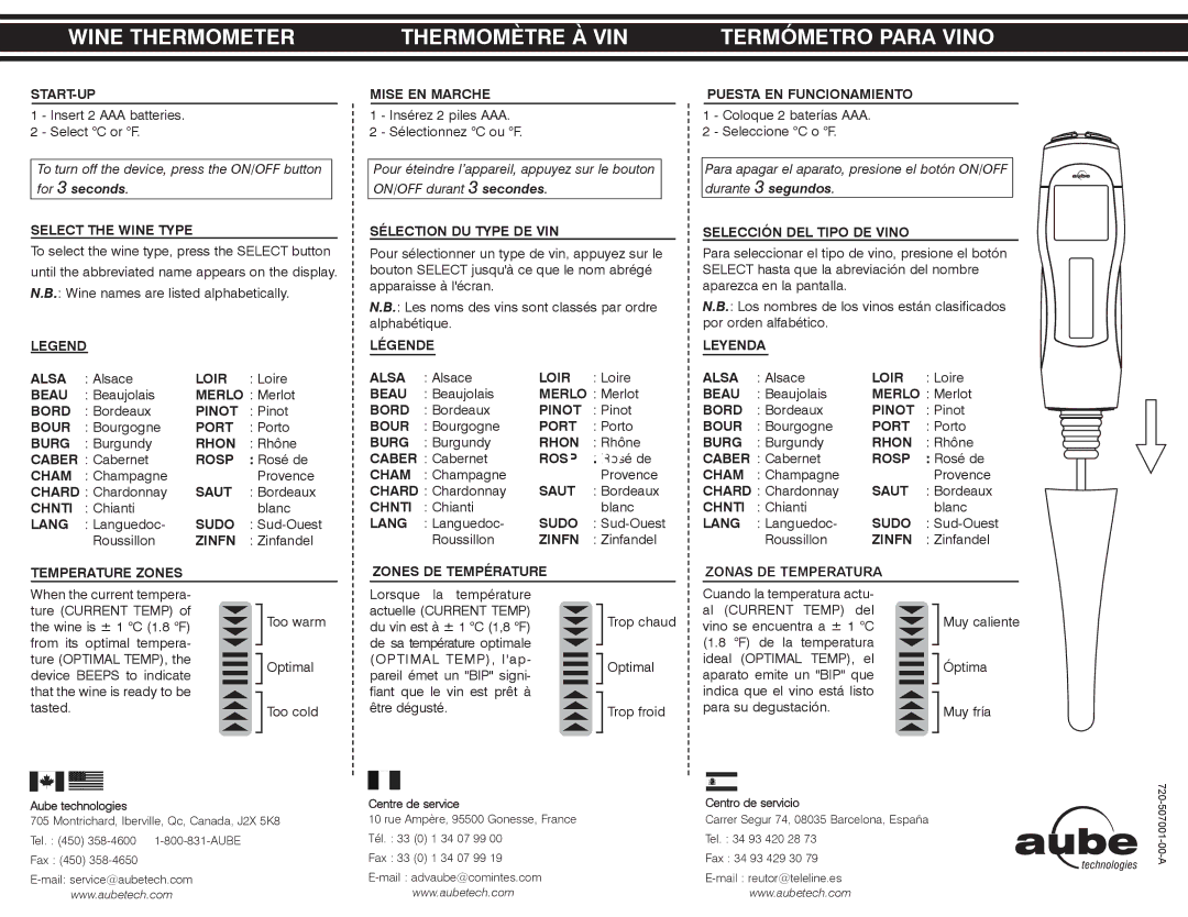 Aube Technologies Wine Thermometer manual Start-Up, Select the Wine Type, Alsa, Loir, Beau, Bord, Pinot, Bour, Port, Burg 