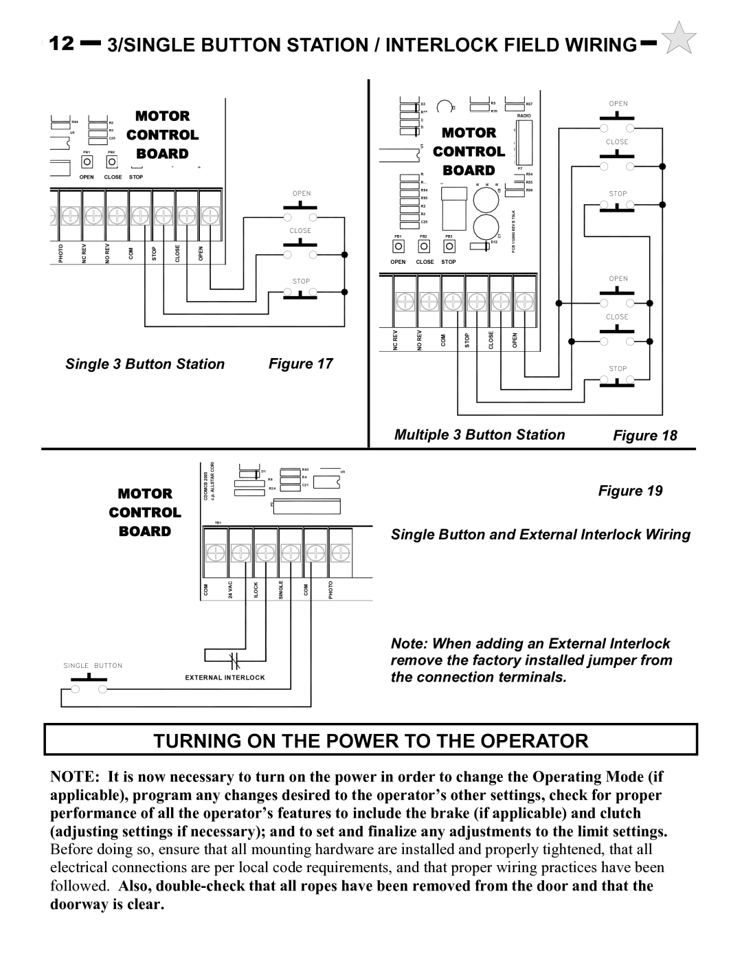 Audi AUD-S owner manual 12 3/SINGLE Button Station / Interlock Field Wiring, Turning on the Power to the Operator 