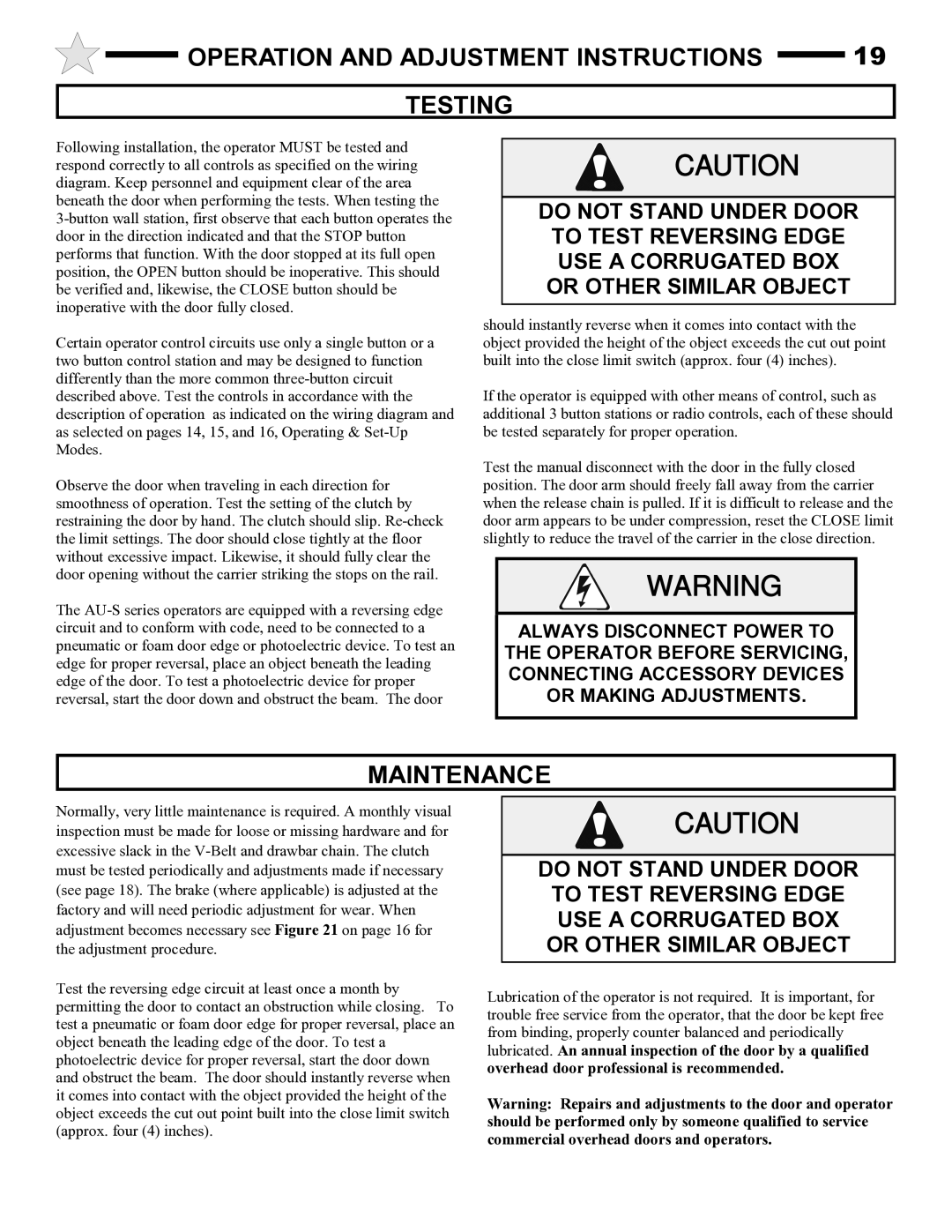 Audi AUD-S owner manual Operation and Adjustment Instructions Testing, Maintenance 