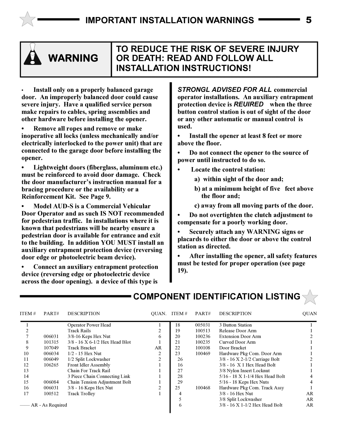 Audi AUD-S owner manual Component Identification Listing, Item # PART# Description Quan 