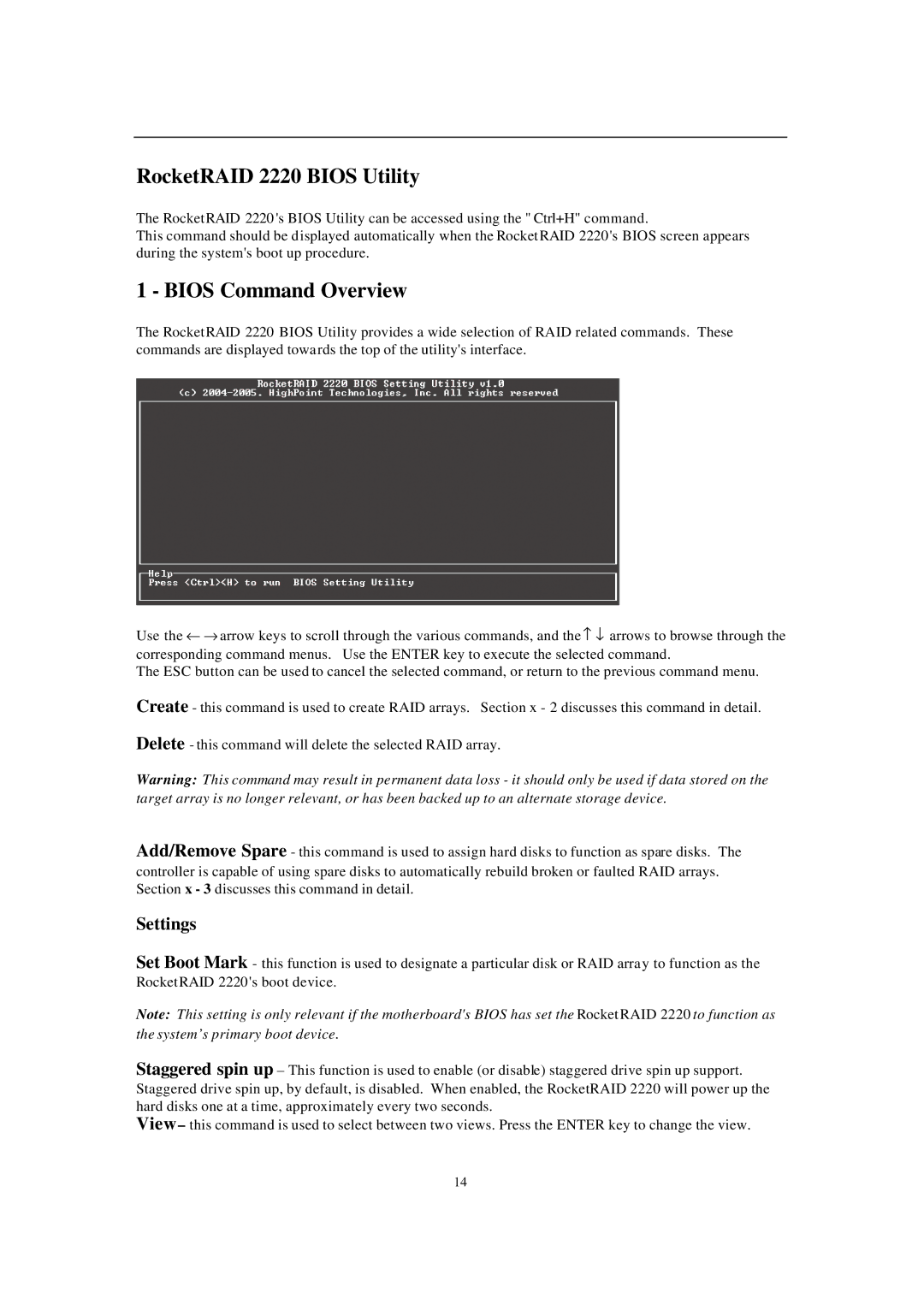 Audible manual RocketRAID 2220 Bios Utility, Bios Command Overview, Settings 