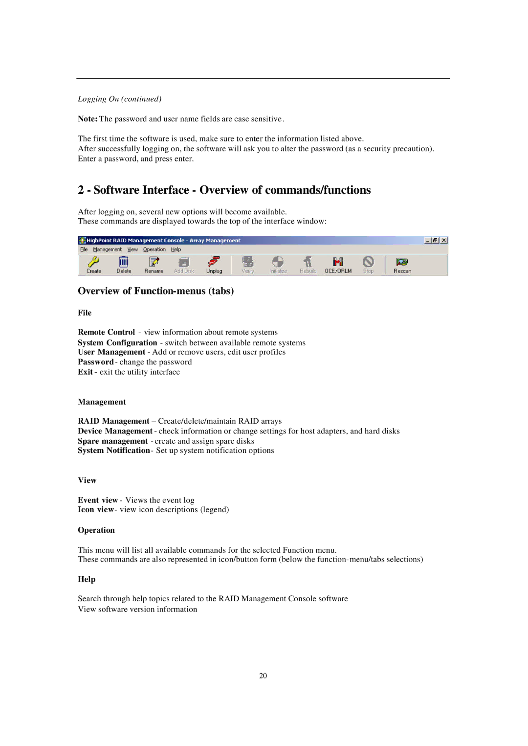 Audible 2220 manual Software Interface Overview of commands/functions, Overview of Function-menus tabs 