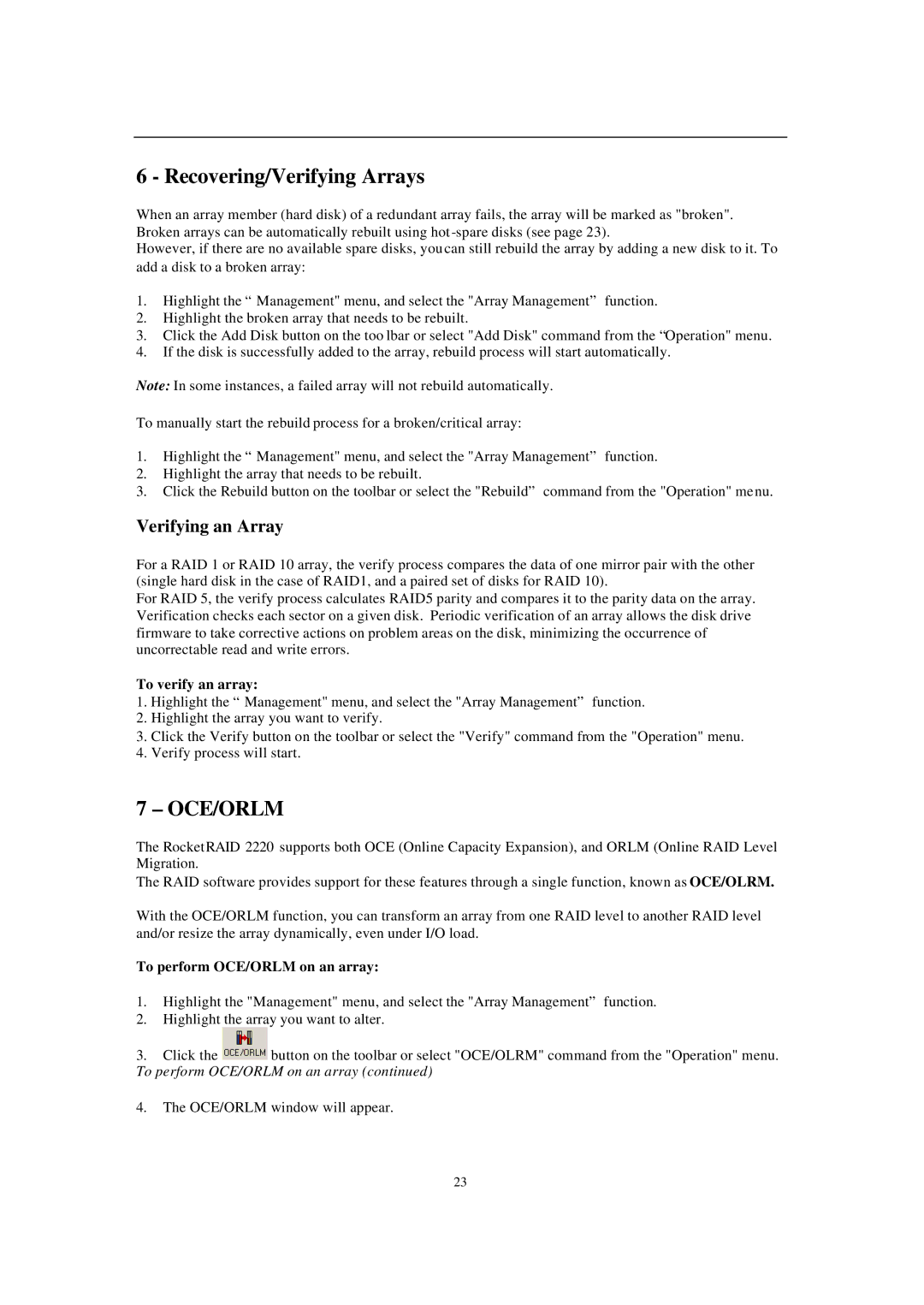 Audible 2220 manual Recovering/Verifying Arrays, Verifying an Array, To verify an array, To perform OCE/ORLM on an array 