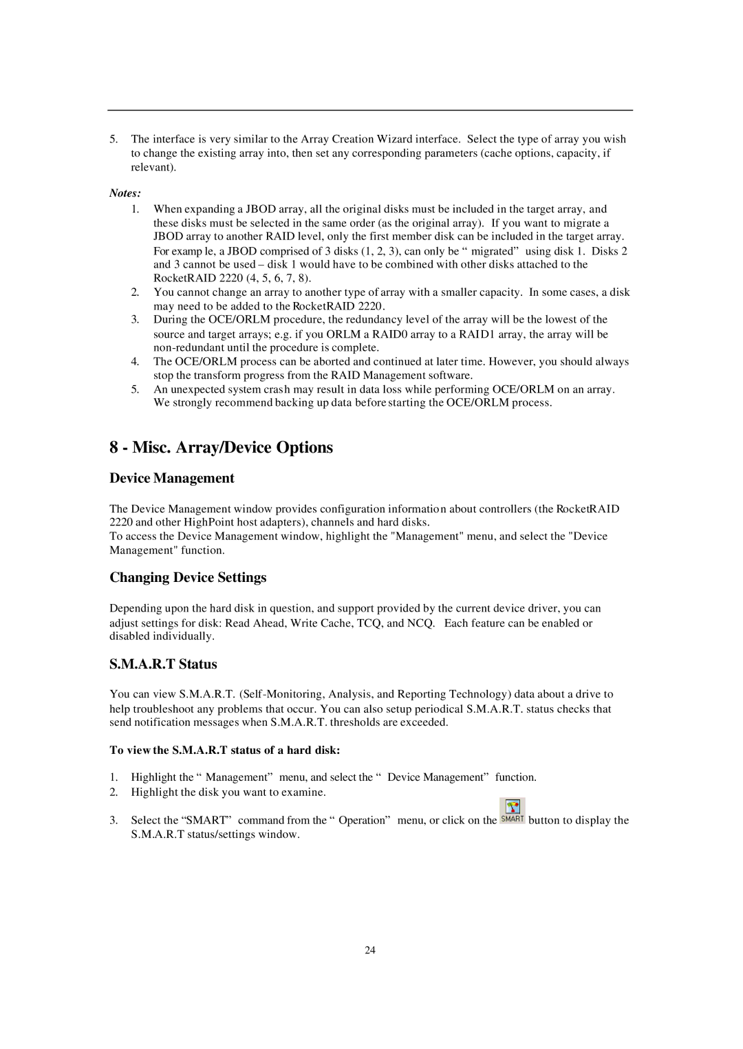 Audible 2220 manual Misc. Array/Device Options, Device Management, Changing Device Settings, A.R.T Status 