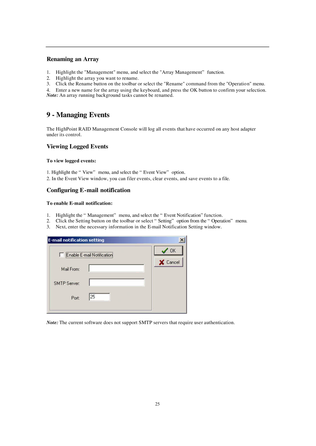 Audible 2220 manual Managing Events, Renaming an Array, Viewing Logged Events, Configuring E-mail notification 