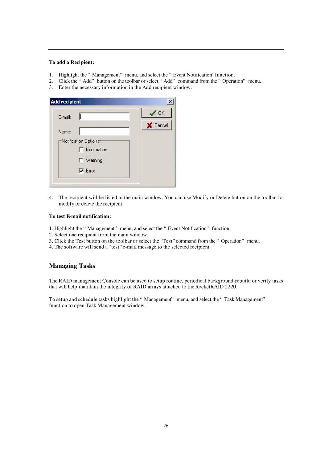 Audible 2220 manual Managing Tasks, To add a Recipient, To test E-mail notification 