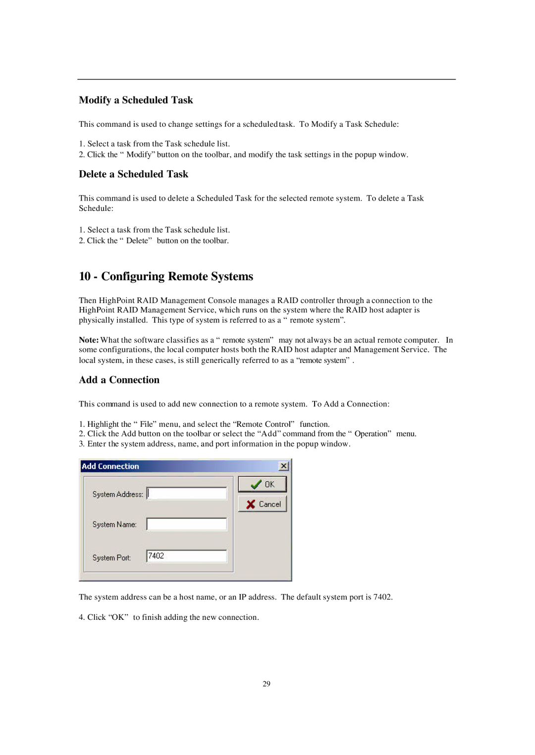 Audible 2220 manual Configuring Remote Systems, Modify a Scheduled Task, Delete a Scheduled Task, Add a Connection 