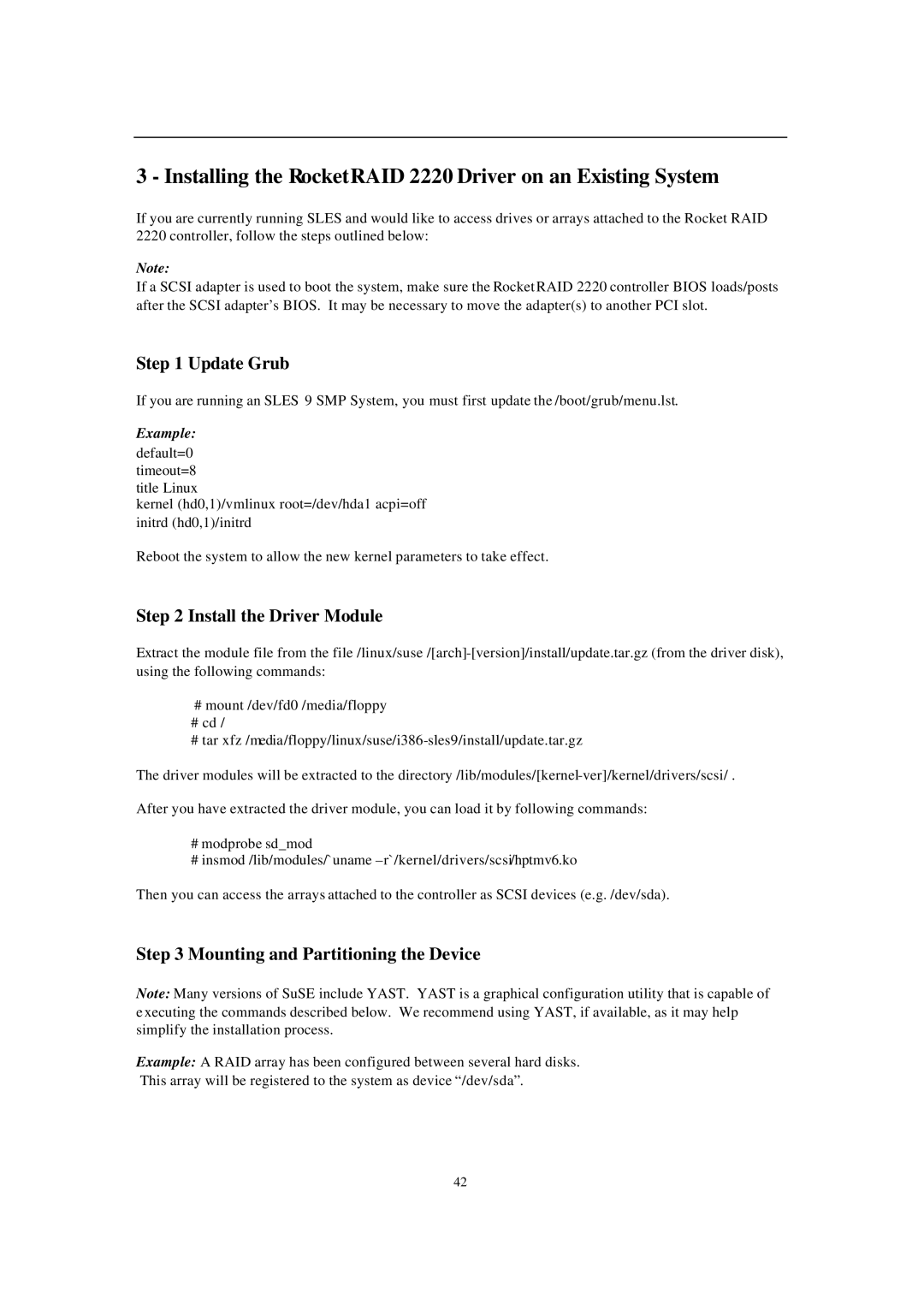 Audible manual Installing the RocketRAID 2220 Driver on an Existing System, Update Grub, Install the Driver Module 