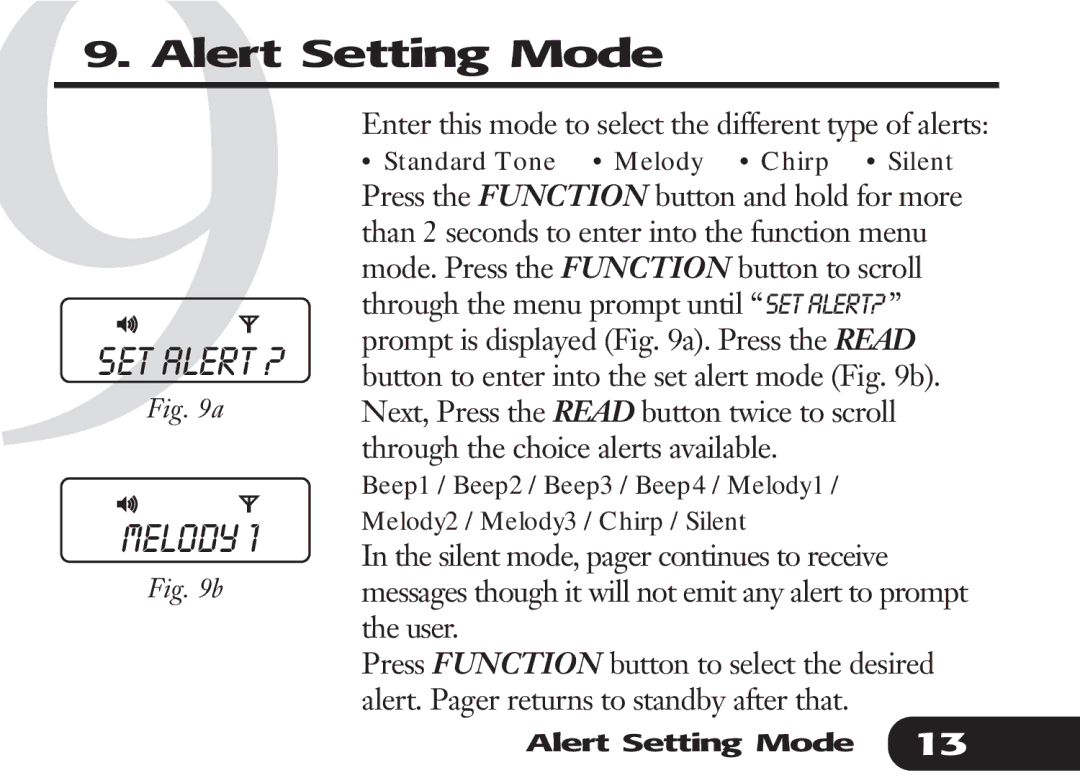 Audible Numeric Pager manual Alert Setting Mode, Melody, SET Alert ? 