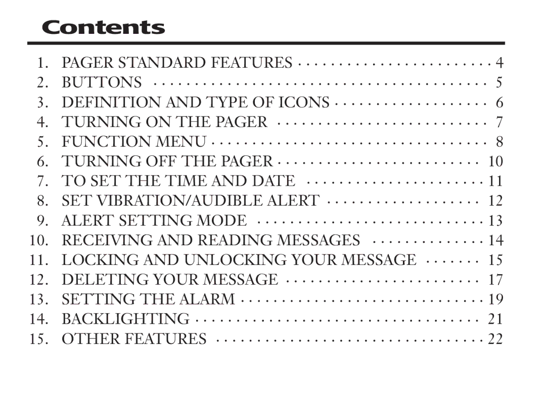 Audible Numeric Pager manual Contents 