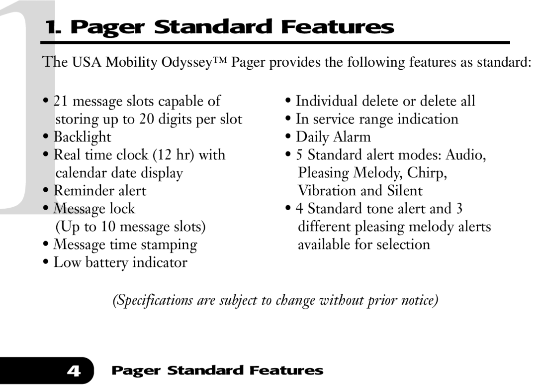 Audible Numeric Pager manual Specifications are subject to change without prior notice 