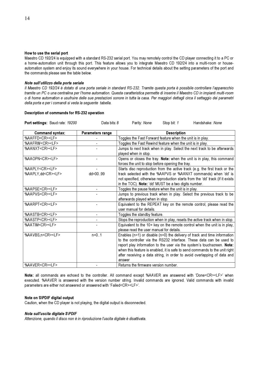 Audio Analogue SRL 192, 24 owner manual How to use the serial port, Command syntax Parameters range Description 