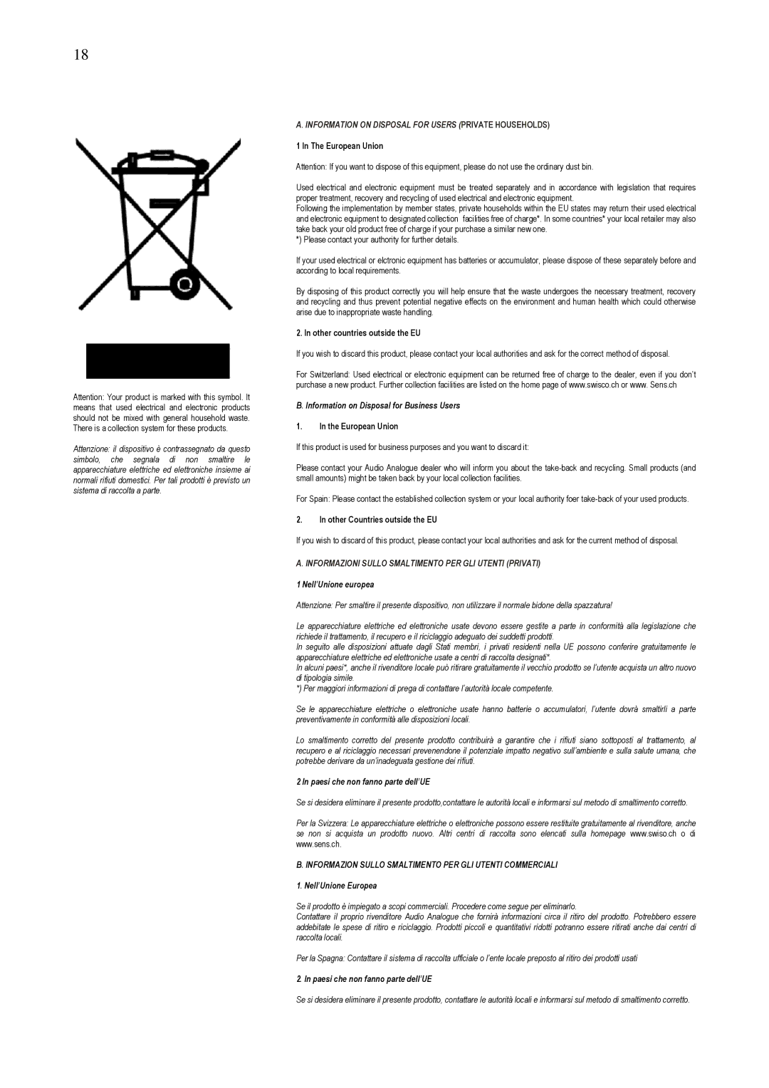 Audio Analogue SRL 192, 24 owner manual Information on Disposal for Users Private Households 