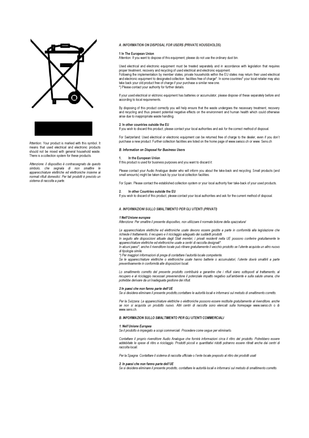 Audio Analogue SRL AM/FM RDS Vacuum Tube Tuner owner manual Information on Disposal for Users Private Households 