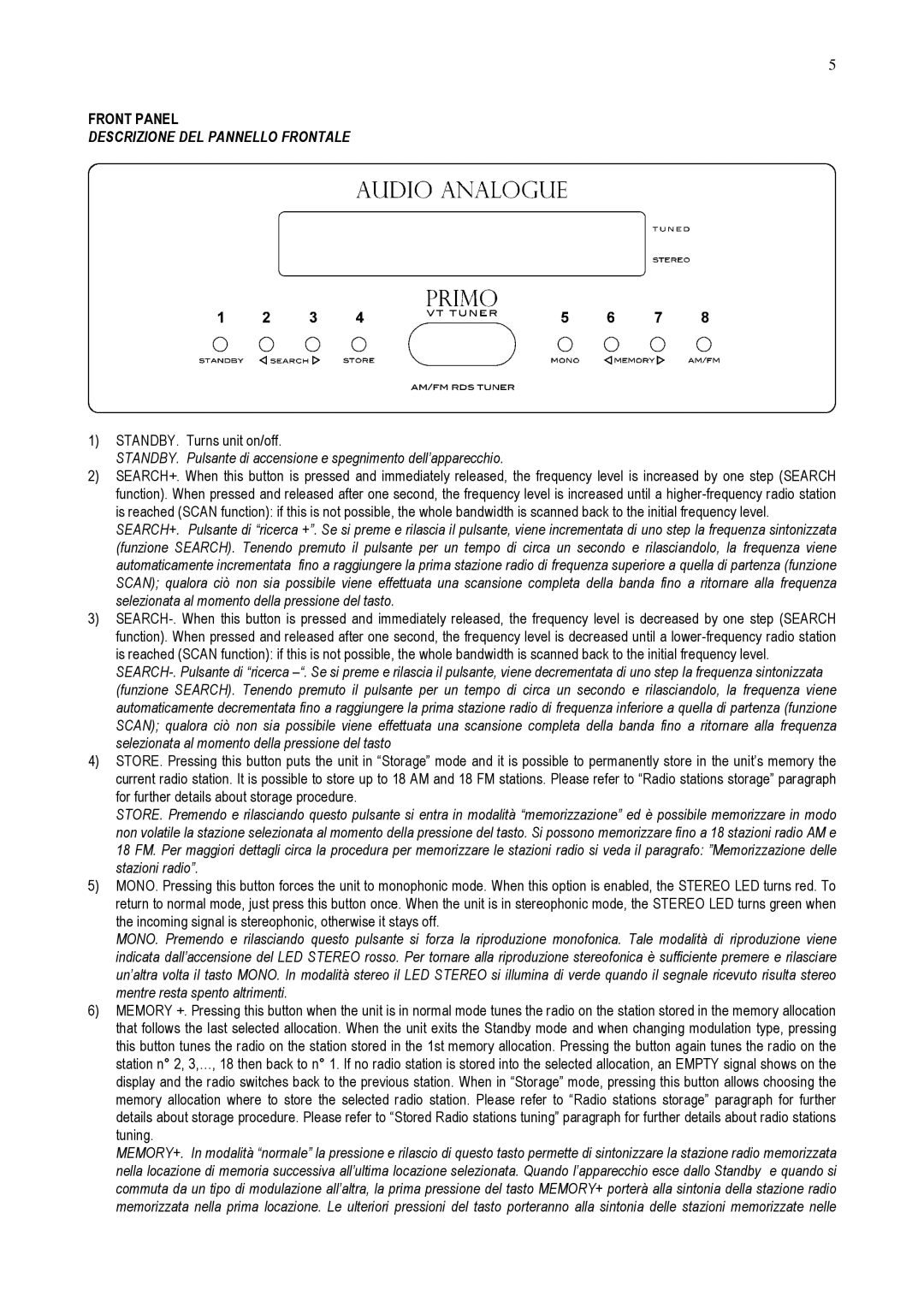 Audio Analogue SRL AM/FM RDS Vacuum Tube Tuner owner manual Front Panel, Descrizione DEL Pannello Frontale 