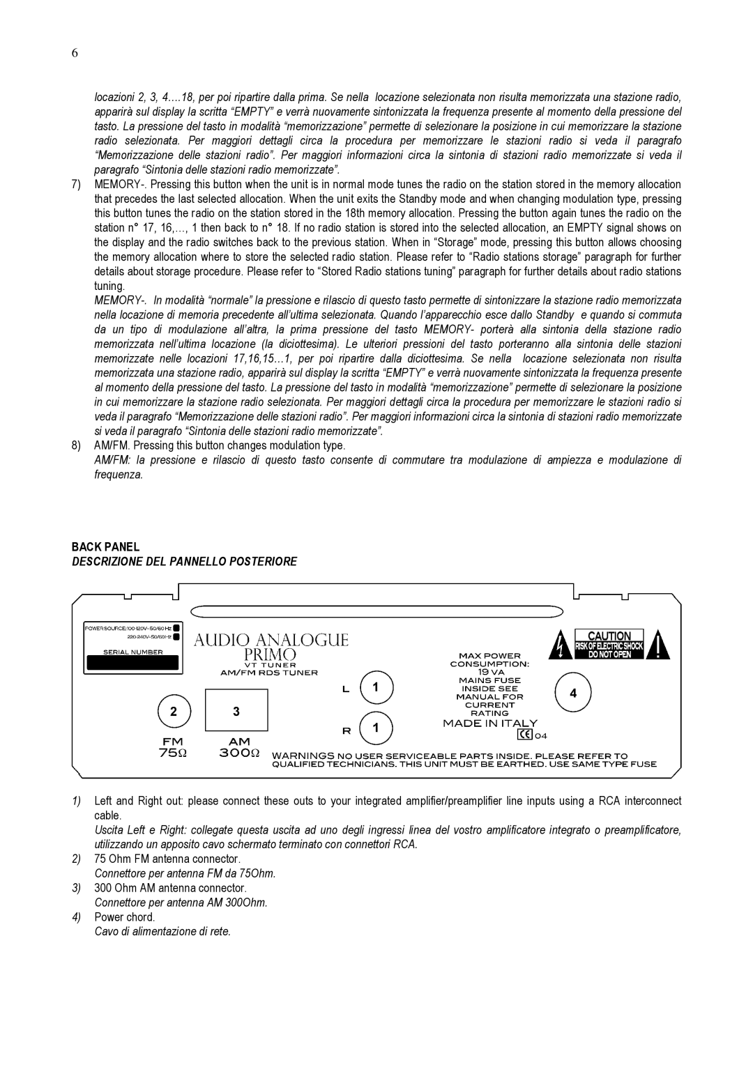 Audio Analogue SRL AM/FM RDS Vacuum Tube Tuner owner manual Back Panel, Descrizione DEL Pannello Posteriore 