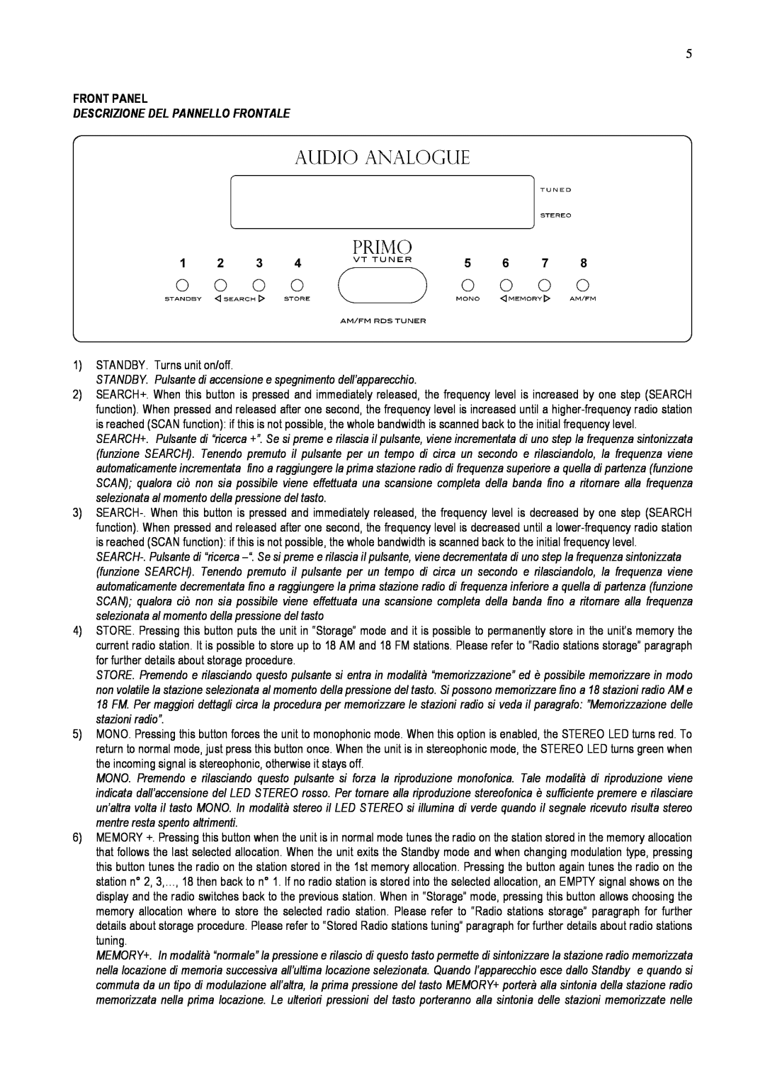Audio Analogue SRL AM/FM RDS Vacuum Tube Tuner owner manual Front Panel, Descrizione Del Pannello Frontale 