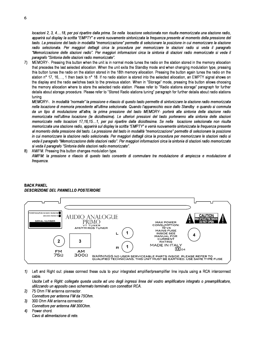 Audio Analogue SRL AM/FM RDS Vacuum Tube Tuner owner manual Back Panel, Descrizione Del Pannello Posteriore 