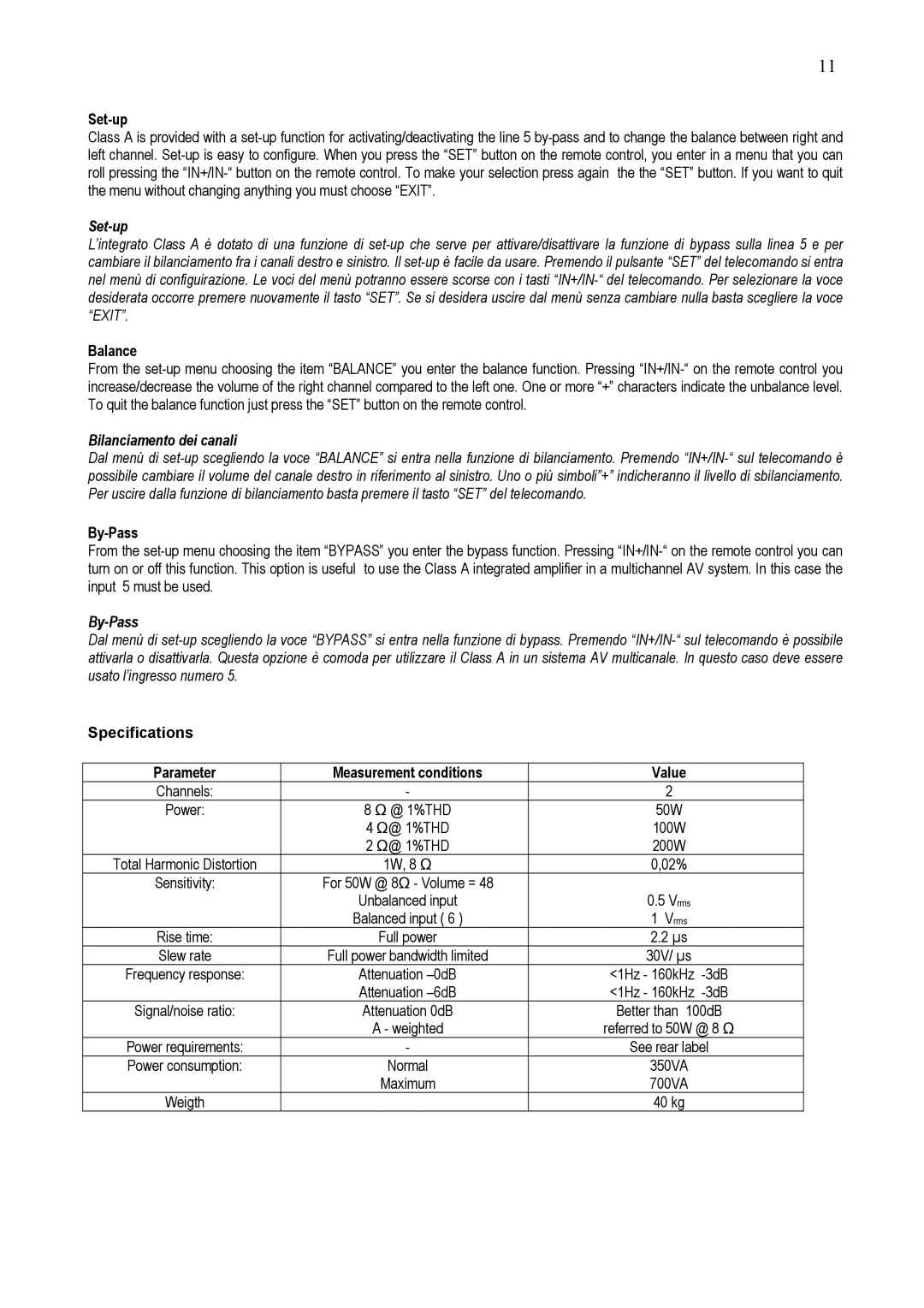 Audio Analogue SRL AUDIO ANALOGUE INTEGRATED AMPLIFIER owner manual Set-up, Bilanciamento dei canali, By-Pass 