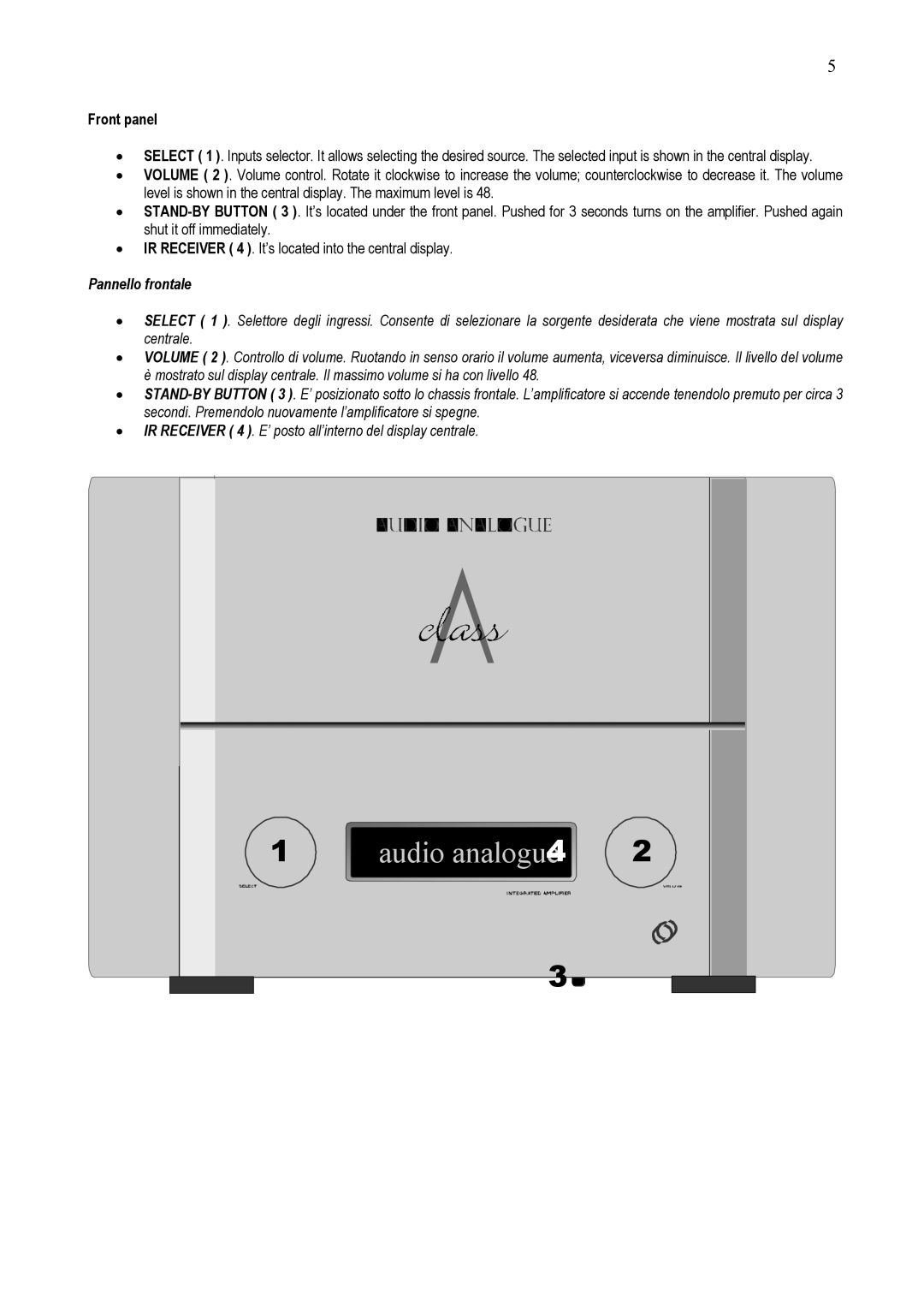 Audio Analogue SRL AUDIO ANALOGUE INTEGRATED AMPLIFIER owner manual Front panel, Pannello frontale 