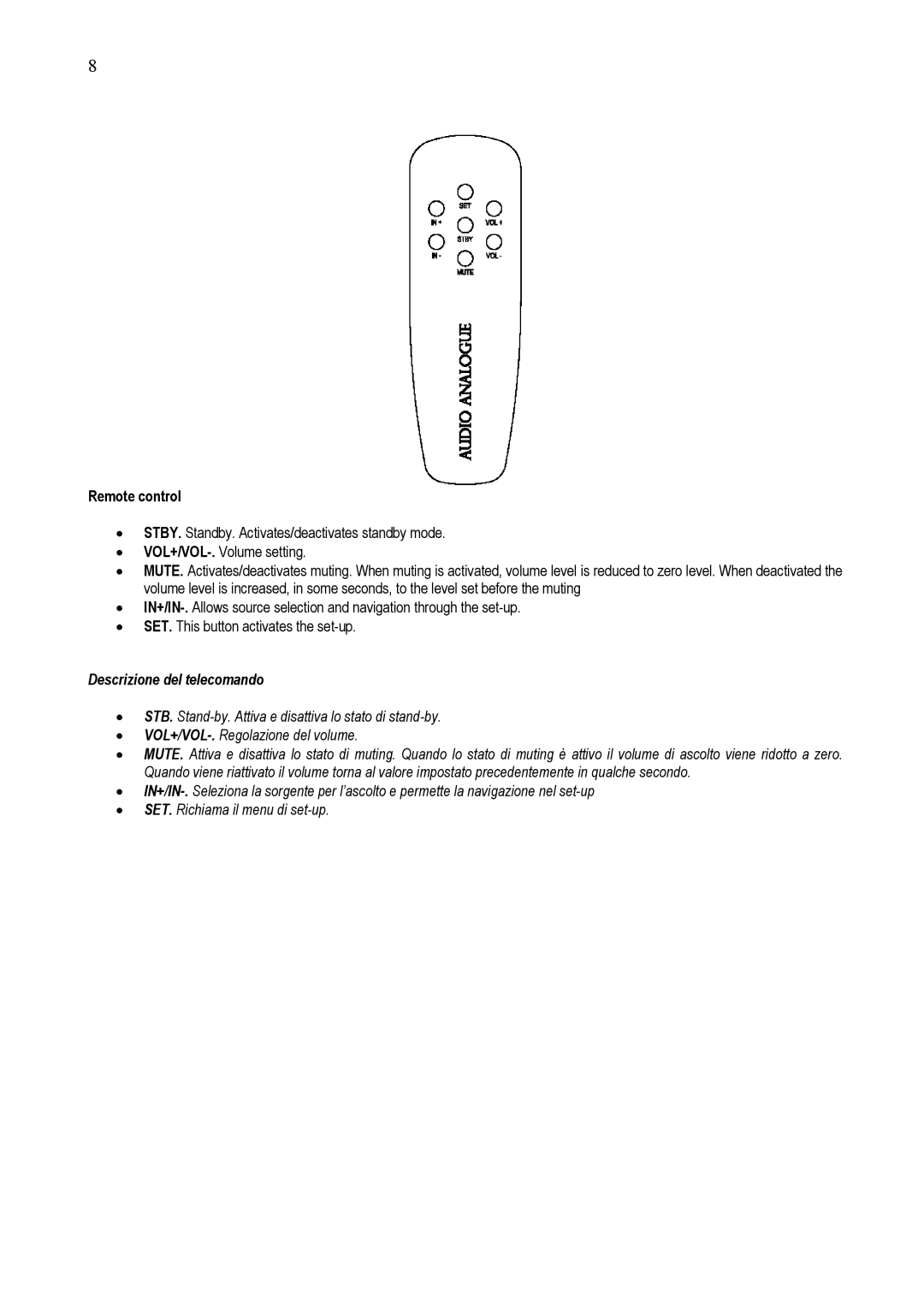 Audio Analogue SRL AUDIO ANALOGUE INTEGRATED AMPLIFIER owner manual Remote control, Descrizione del telecomando 