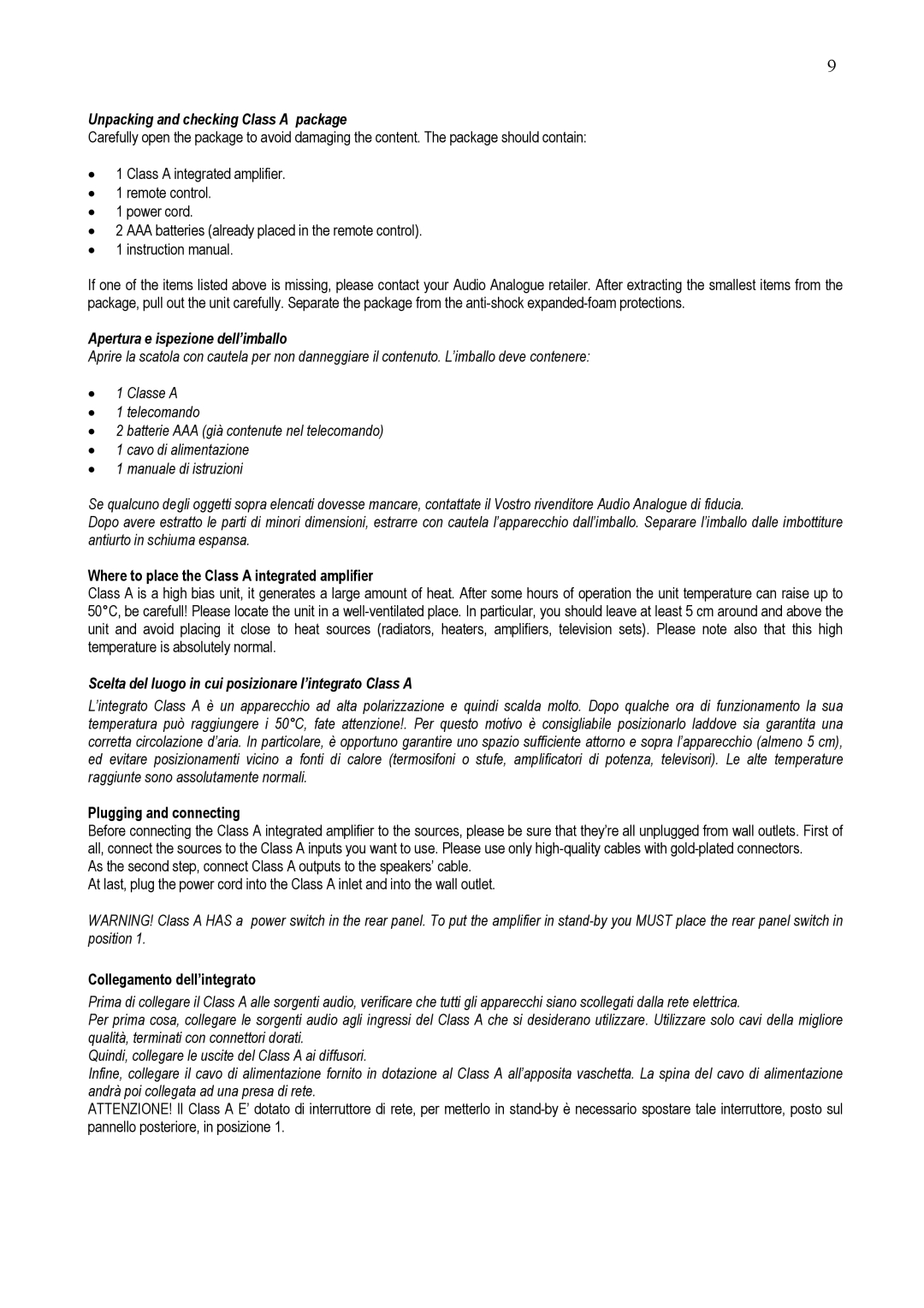 Audio Analogue SRL AUDIO ANALOGUE INTEGRATED AMPLIFIER owner manual Unpacking and checking Class a package 