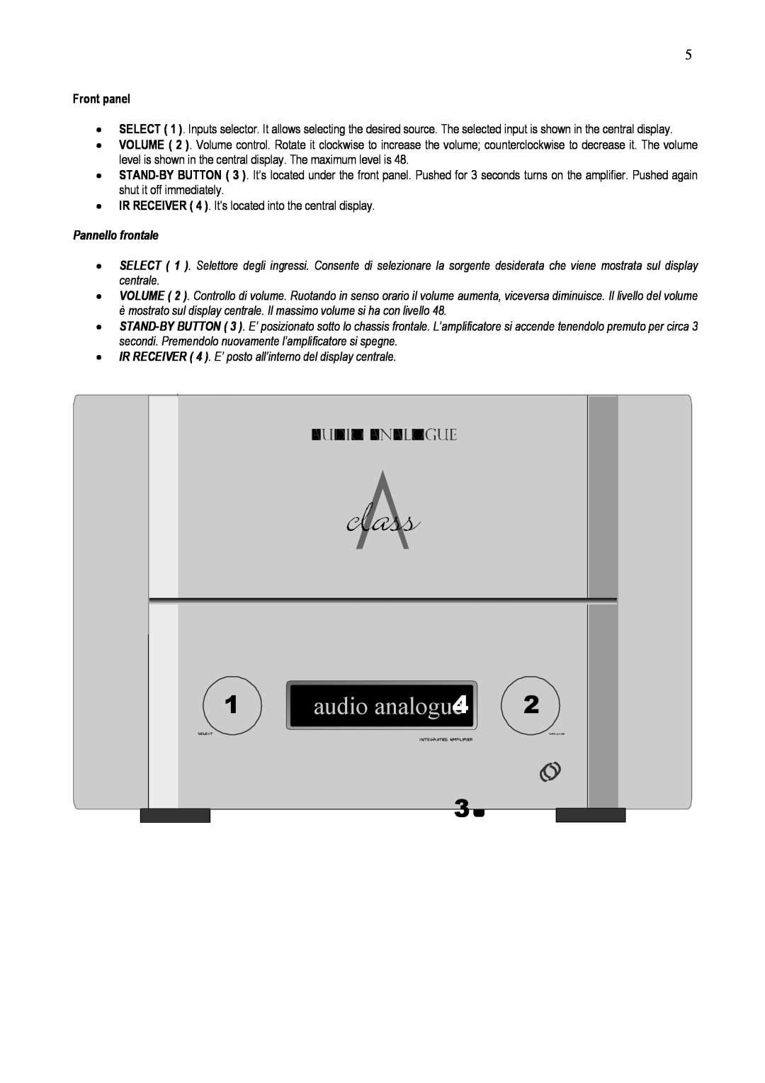 Audio Analogue SRL AUDIO ANALOGUE INTEGRATED AMPLIFIER owner manual audio analogue4, Front panel, Pannello frontale 