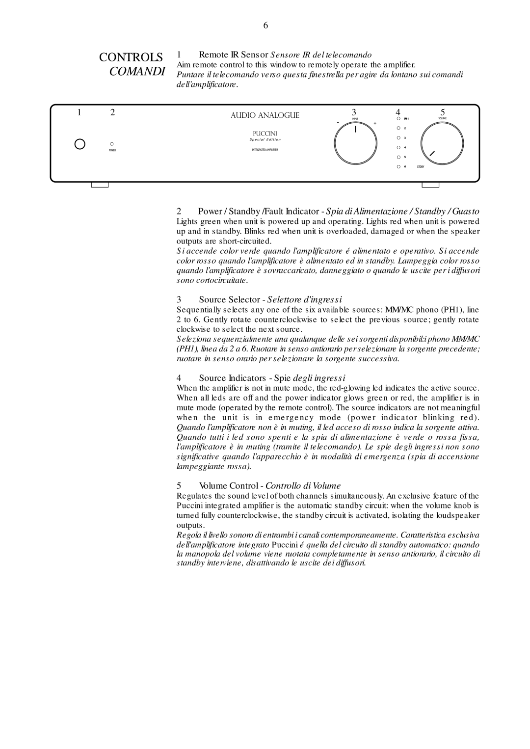 Audio Analogue SRL Audio Analogue SRL owner manual Controls Comandi, Source Indicators Spie degli ingressi 