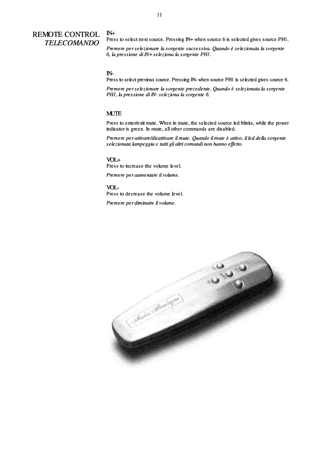 Audio Analogue SRL Audio Analogue SRL owner manual Remote Control Telecomando, Mute, Vol+ 