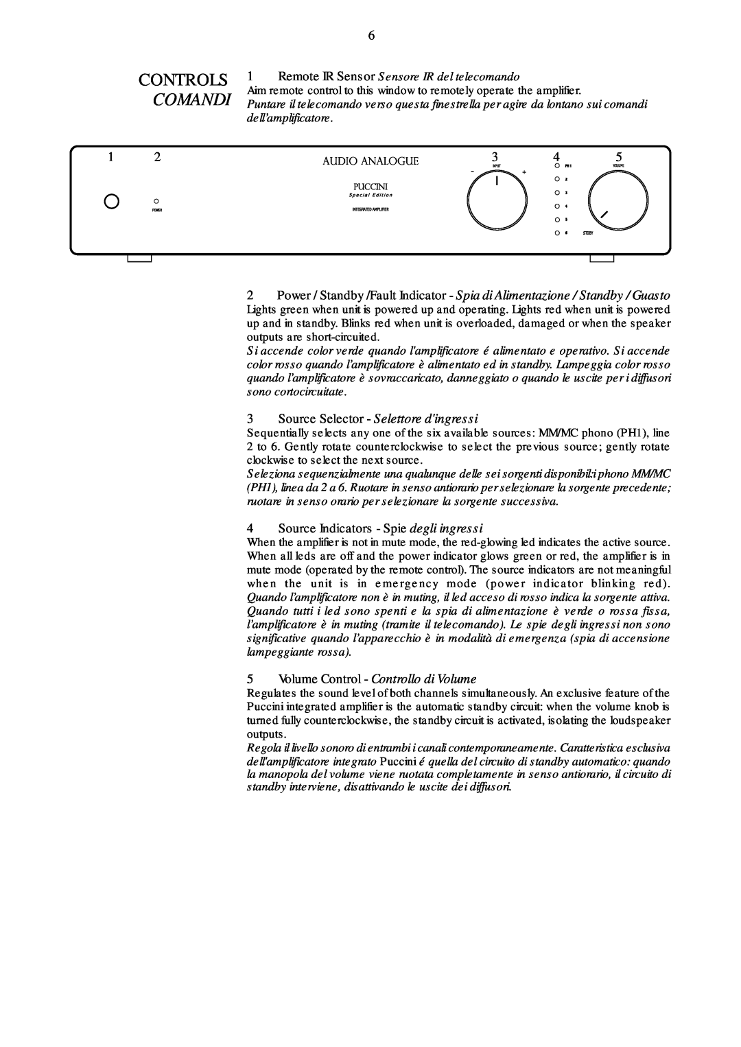 Audio Analogue SRL Audio Analogue SRL owner manual Controls Comandi, Source Indicators - Spie degli ingressi 