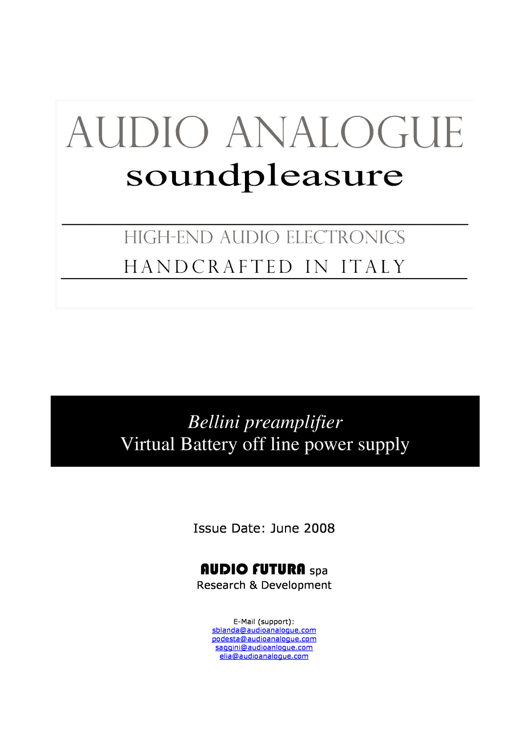 Audio Analogue SRL BELLINI manual AUDIO FUTURA spa, Bellini preamplifier, Virtual Battery off line power supply 