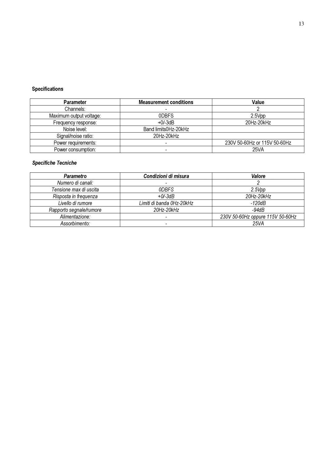 Audio Analogue SRL CDP 2.0 owner manual Specifications Parameter, Value, Specifiche Tecniche Parametro Condizioni di misura 