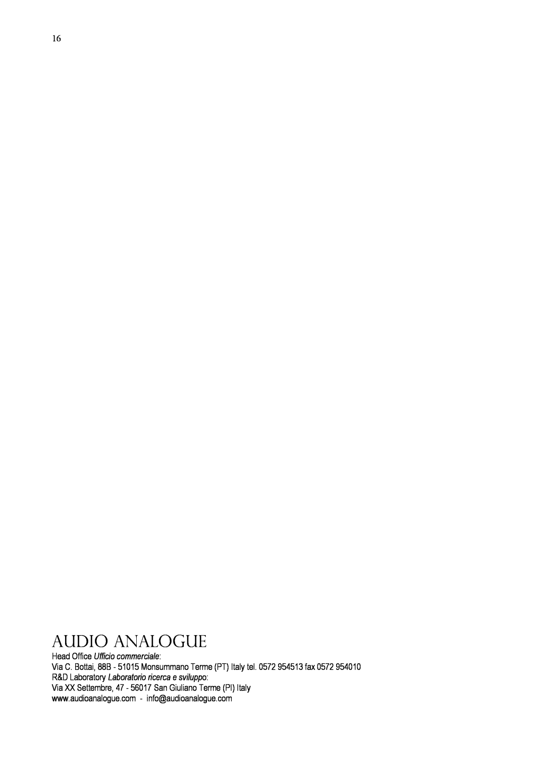 Audio Analogue SRL CDP 2.0 owner manual Audio analogue, Head Office Ufficio commerciale 