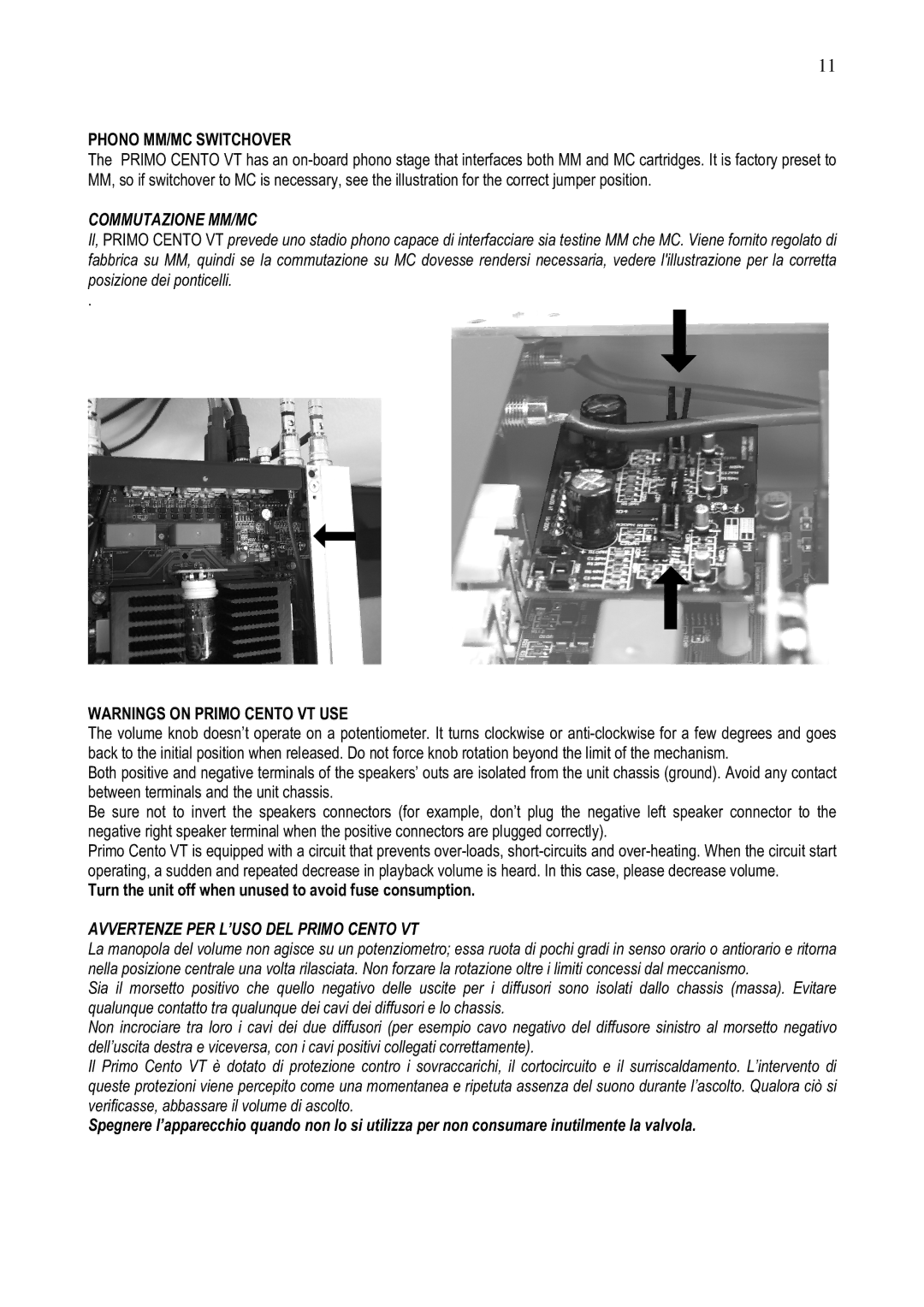 Audio Analogue SRL owner manual Phono MM/MC Switchover, Commutazione MM/MC, Avvertenze PER L’USO DEL Primo Cento VT 