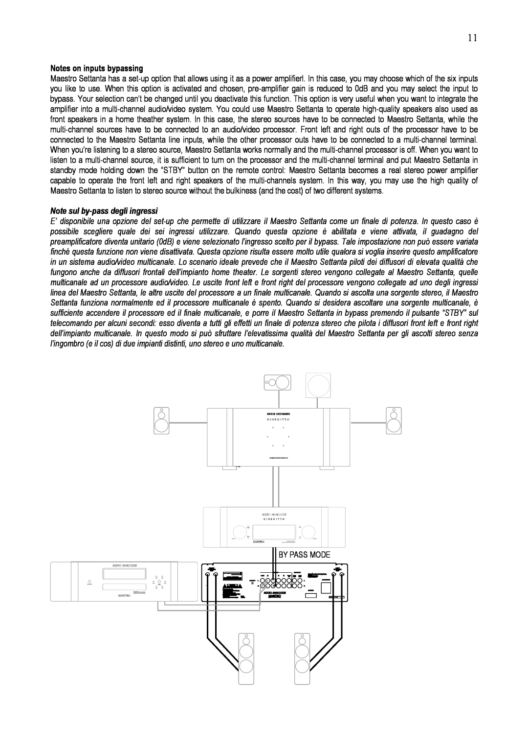 Audio Analogue SRL e t t a n t a owner manual Notes on inputs bypassing, Note sul by-passdegli ingressi 