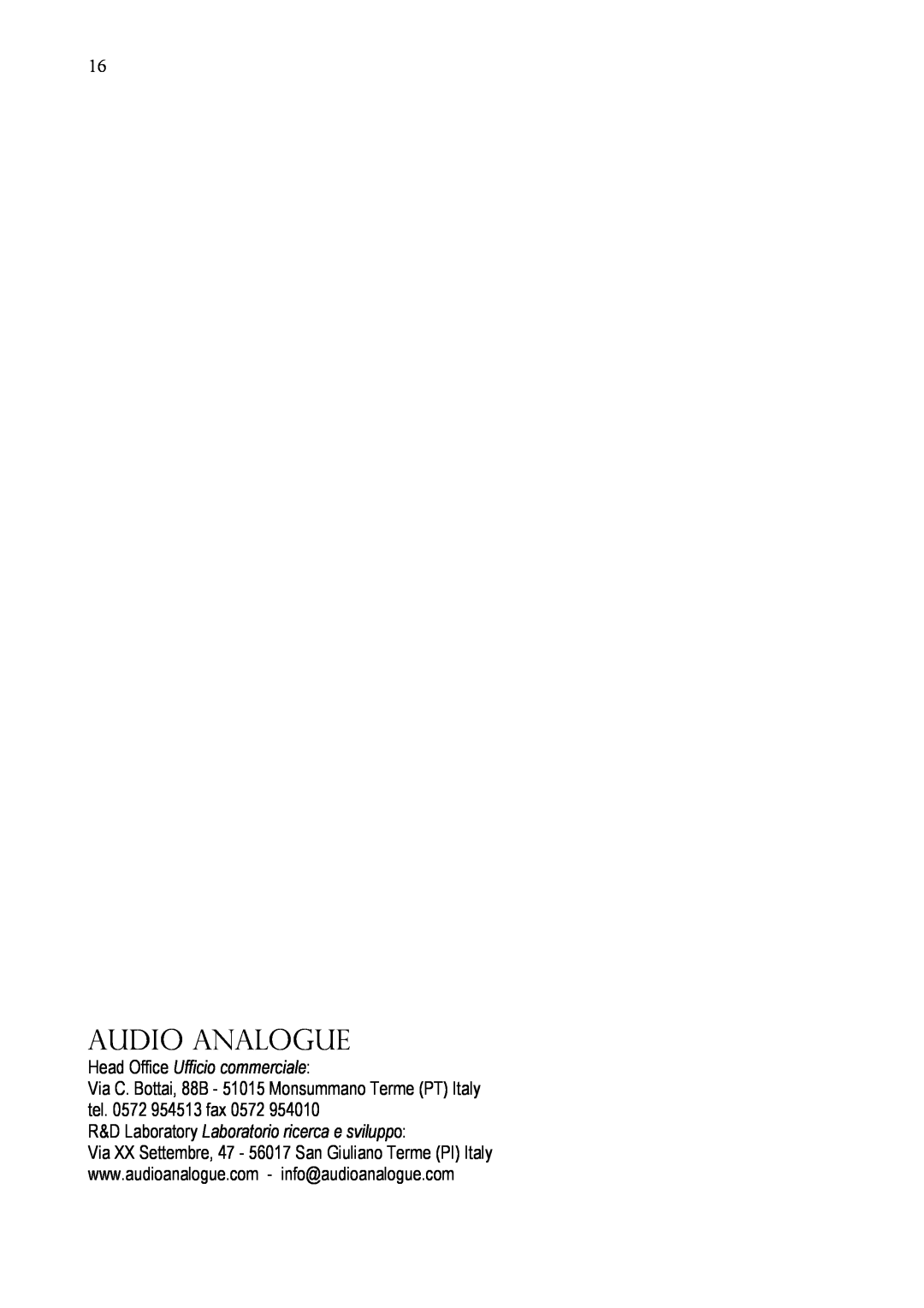 Audio Analogue SRL e t t a n t a owner manual Audio analogue, Head Office Ufficio commerciale 