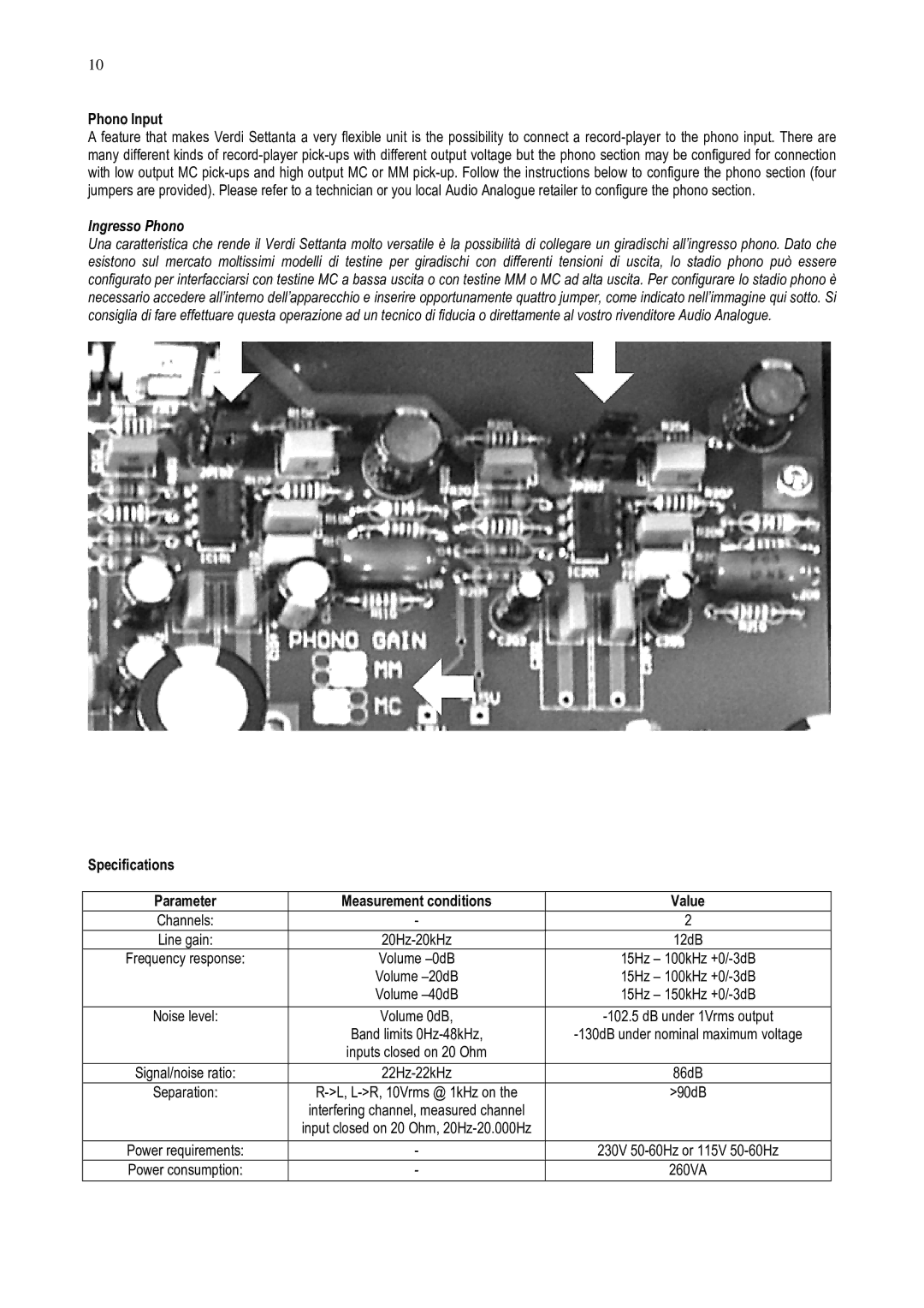 Audio Analogue SRL Hybrid Integrated Amplifier owner manual Phono Input, Ingresso Phono 