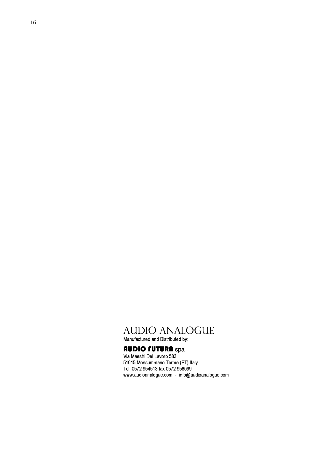Audio Analogue SRL Hybrid Integrated Amplifier owner manual Audio Analogue, AUDIO FUTURA spa 