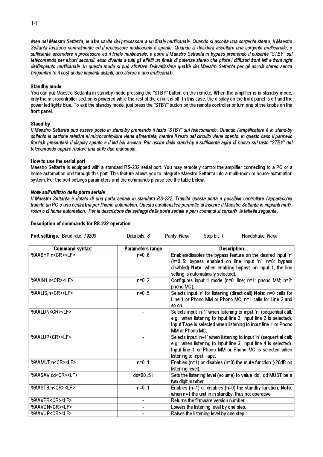 Audio Analogue SRL Maestro Settanta owner manual Standby mode, Stand-by, How to use the serial port 