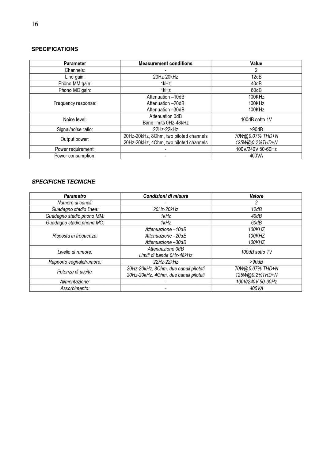 Audio Analogue SRL Maestro Settanta owner manual Parameter Measurement conditions Value, Parametro Condizioni di misura 