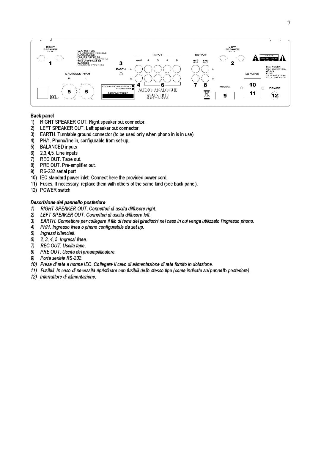 Audio Analogue SRL Maestro Settanta owner manual Back panel, Descrizione del pannello posteriore 