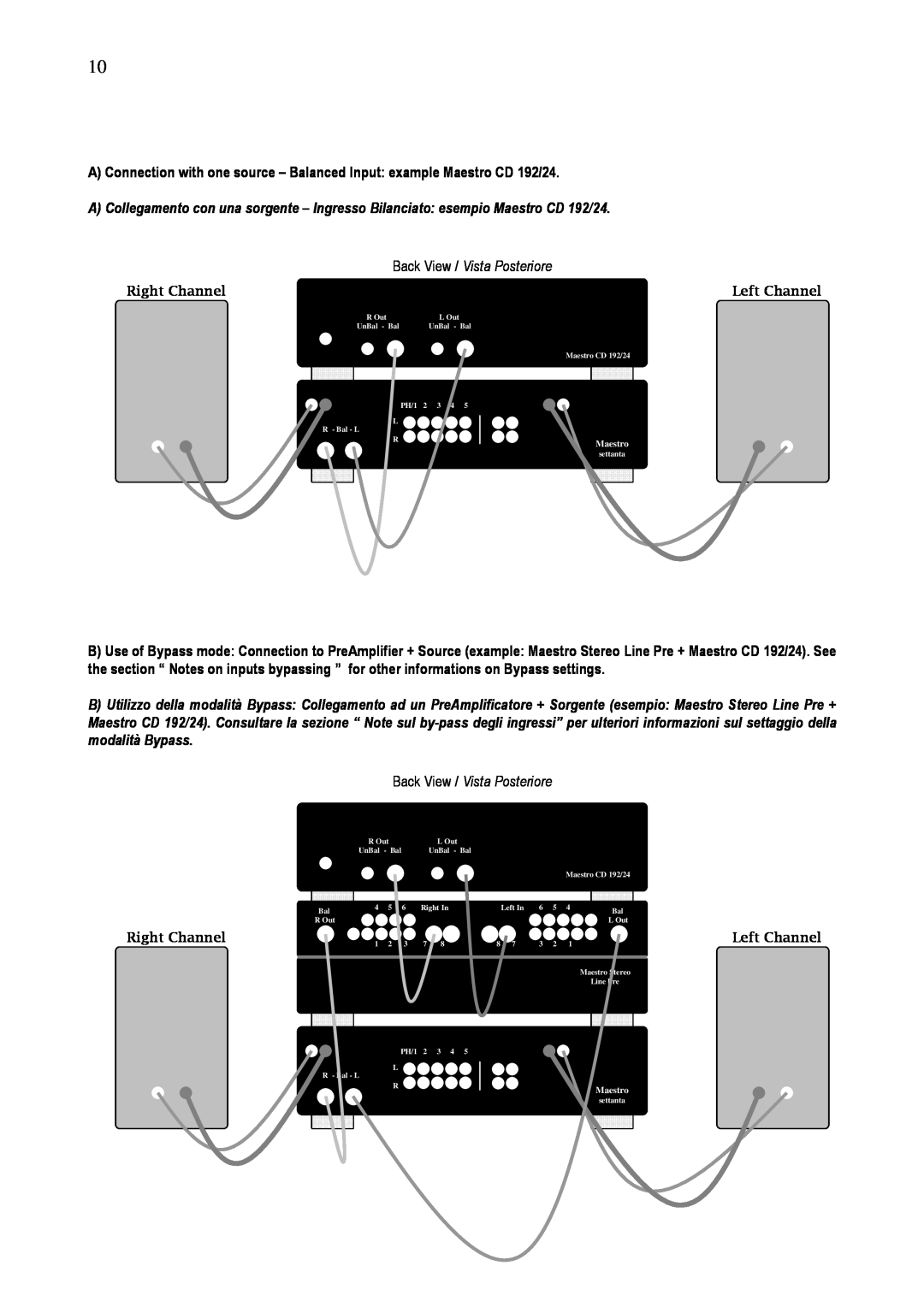 Audio Analogue SRL Maestro Settanta owner manual Back View / Vista Posteriore, Right Channel, Left Channel 