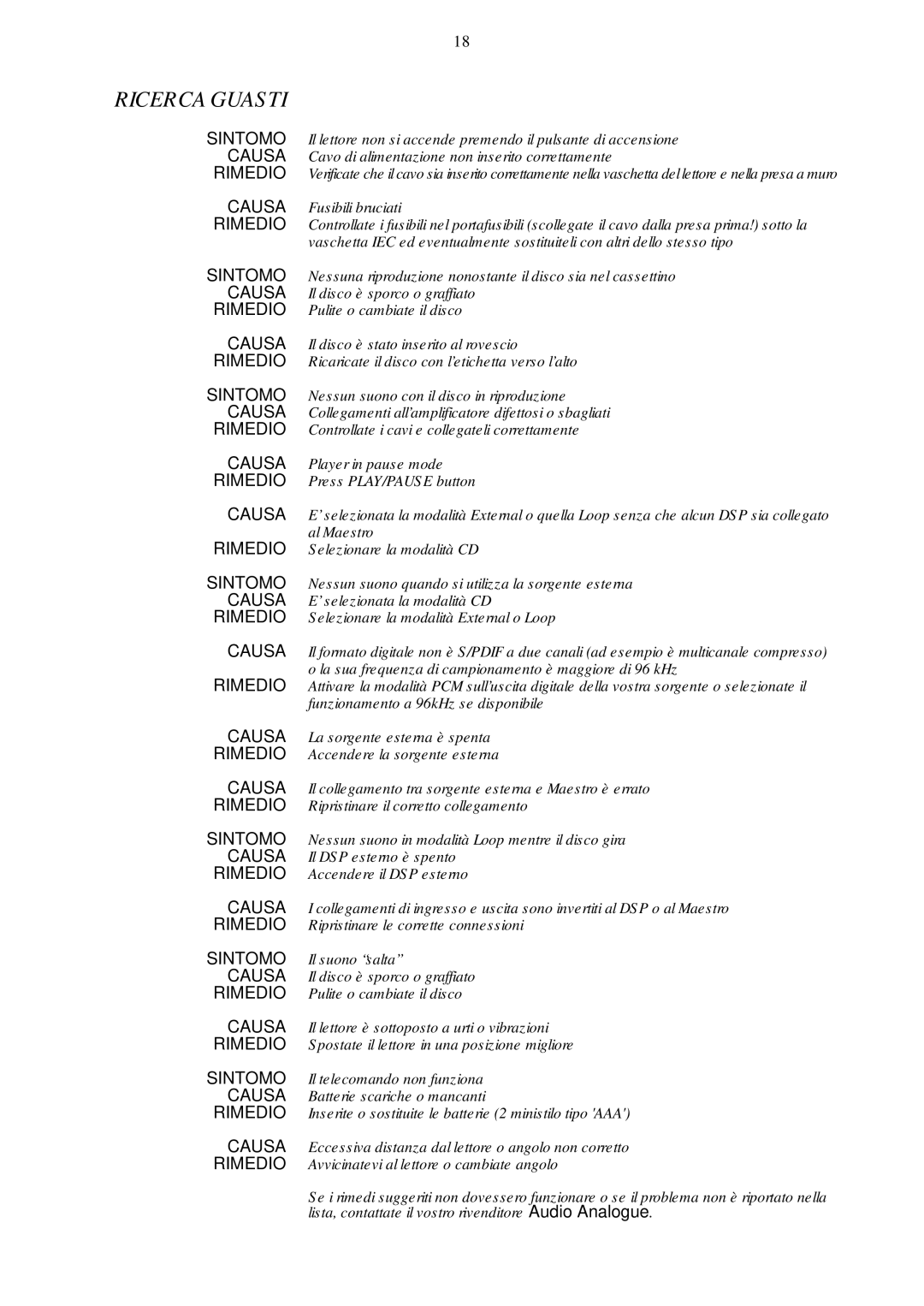 Audio Analogue SRL maestro owner manual Ricerca Guasti, Sintomo 
