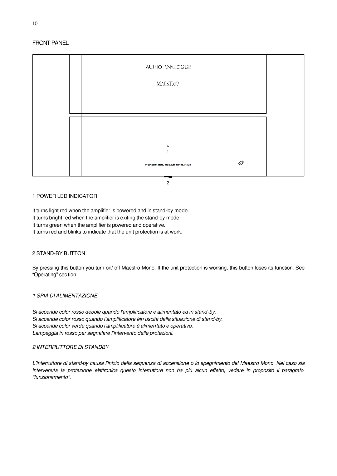 Audio Analogue SRL MONO BLOCK POWER AMPLIFIER owner manual Front Panel, Power LED Indicator 